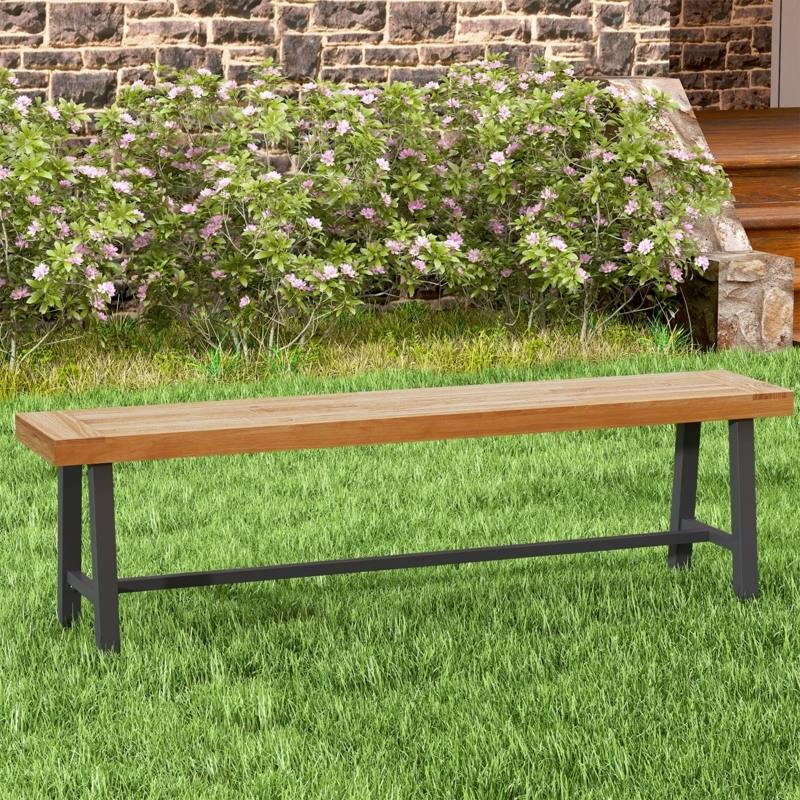 Outdoor Bench Backless Design A-Frame Metal Legs Long Wooden Seat