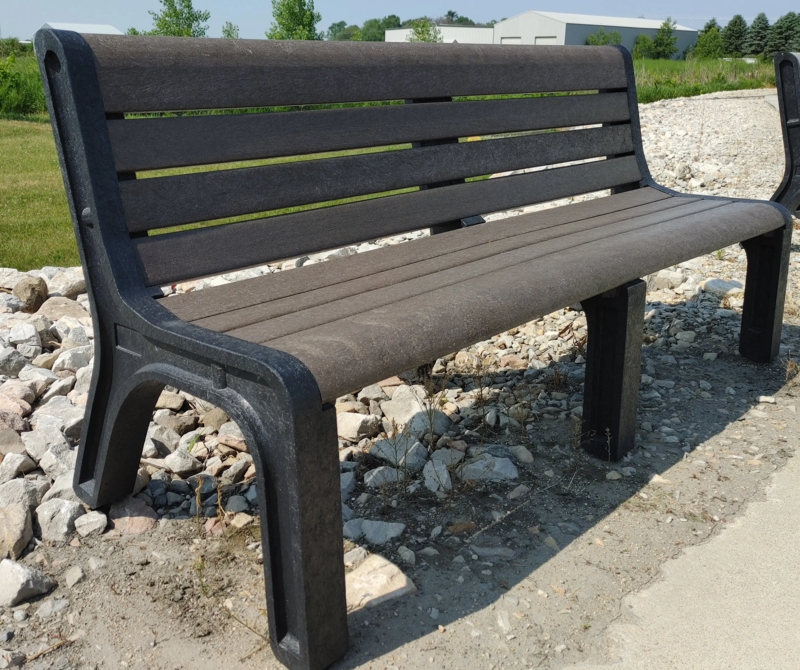 Outdoor Bench, Backless with Brown Slats and Thick Black Block Legs