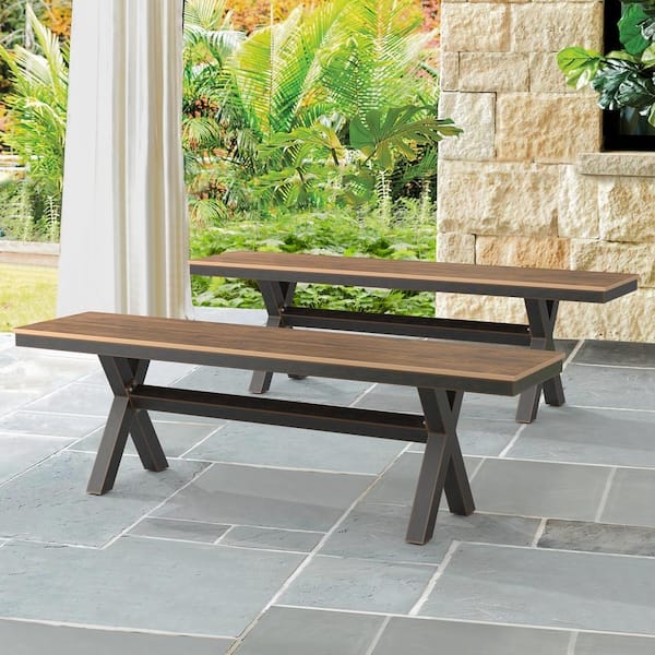 Outdoor Bench Backless X-Leg Metal & Wood-Toned Modern Industrial