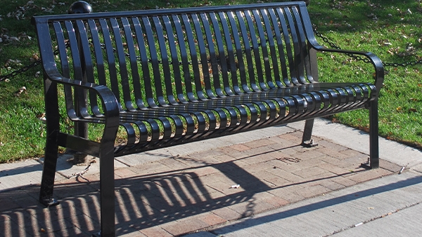 Outdoor Bench Black Metal Vertical Slat Back Traditional Patio Seating