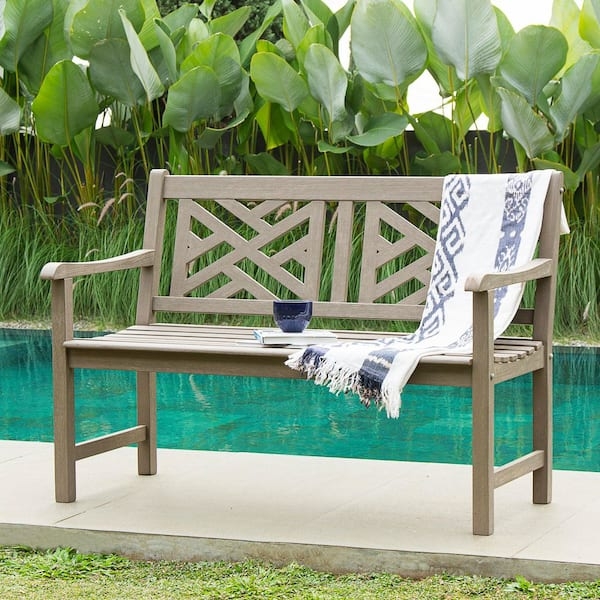 Outdoor Bench Coastal Geometric Lattice Back Weathered Wood Finish