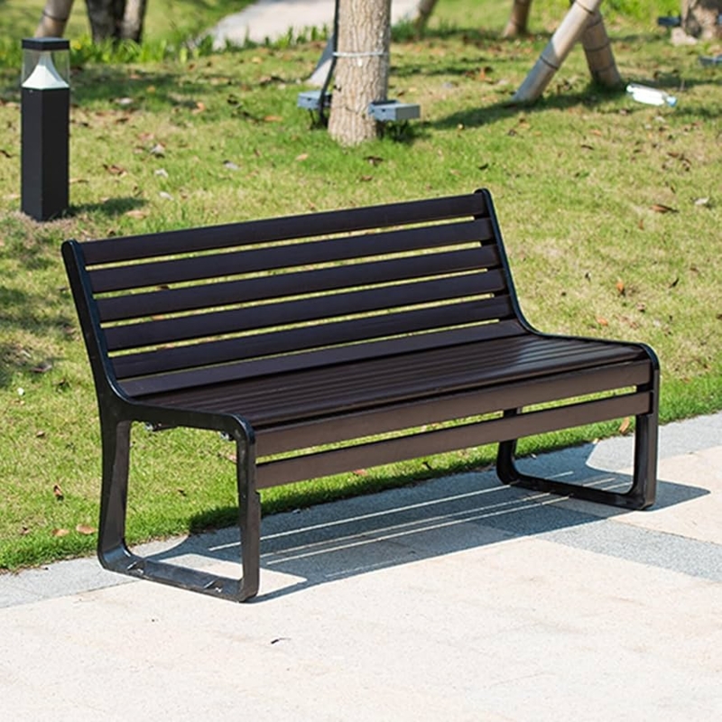 Outdoor Bench Continuous Metal Frame Modern Wood Toned Slats