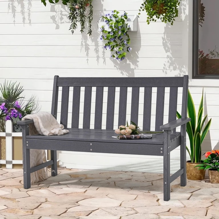 Outdoor Bench, Dark Gray Slatted Back & Matte Finish