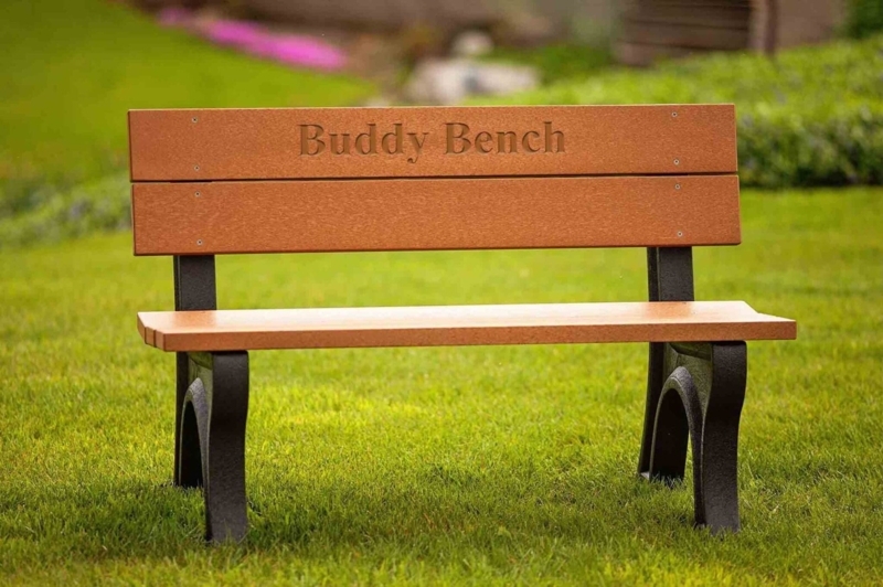 Outdoor Bench featuring Multicolored Slats on Black Commercial Frame