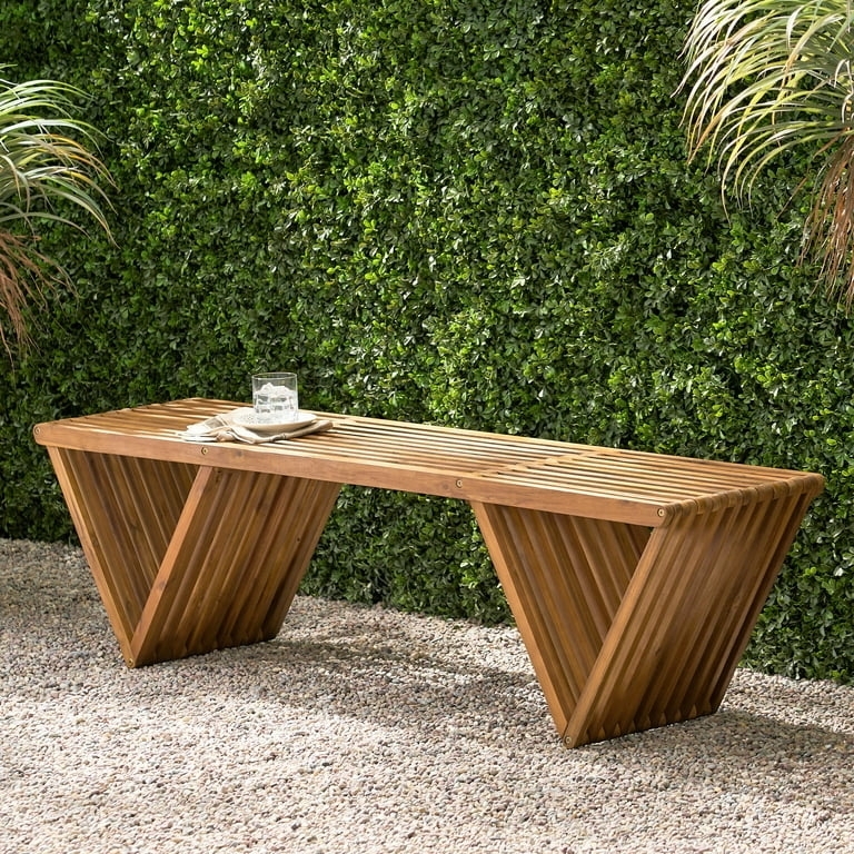 Outdoor Bench Geometric V-Legs Slatted Wood Design Contemporary