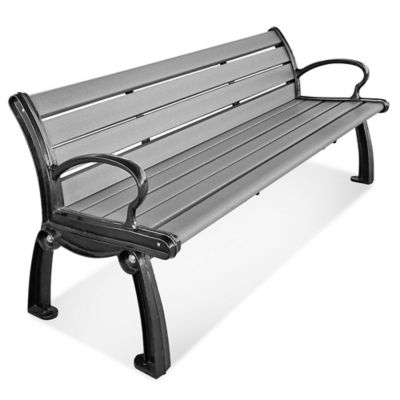 Outdoor Bench Gray Slats Curved Black Frame Industrial Outdoor Seat