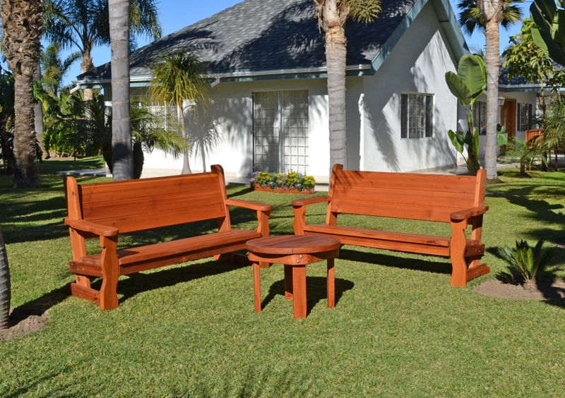 Outdoor Bench Heavy Timber Frame Redwood Stain Slatted Rustic Garden Set