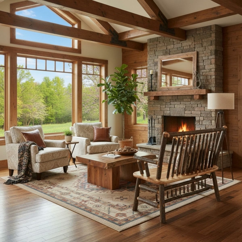 Outdoor Bench Hickory Log Stick Back Satin Finish Lodge Patio