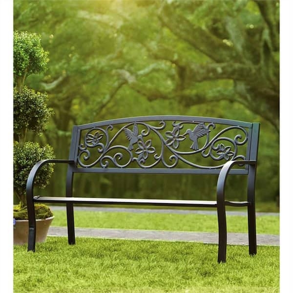 Outdoor Bench Hummingbird Motif Black Metal Slatted Seat Charming