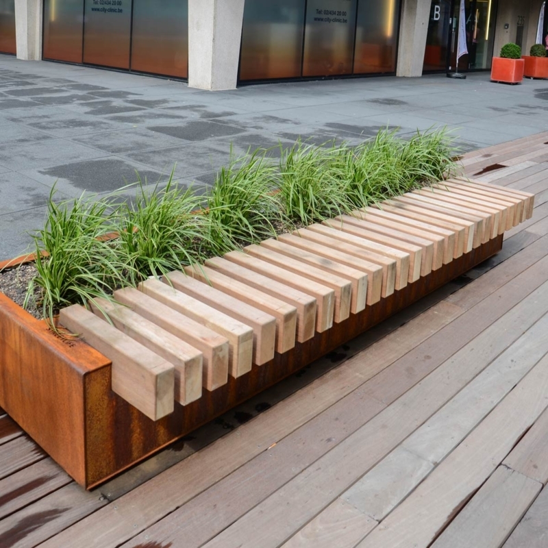Outdoor Bench Industrial Modern Weathered Metal Integrated Planter Wood