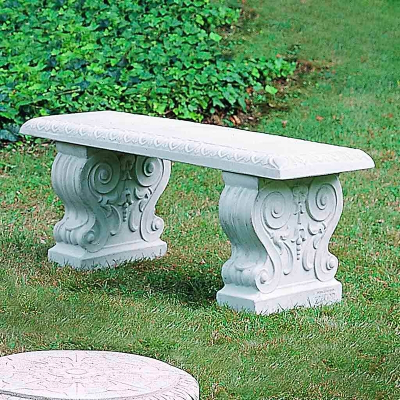 Outdoor Bench Minimalist Cast Stone Look Block Pedestals Light Gray