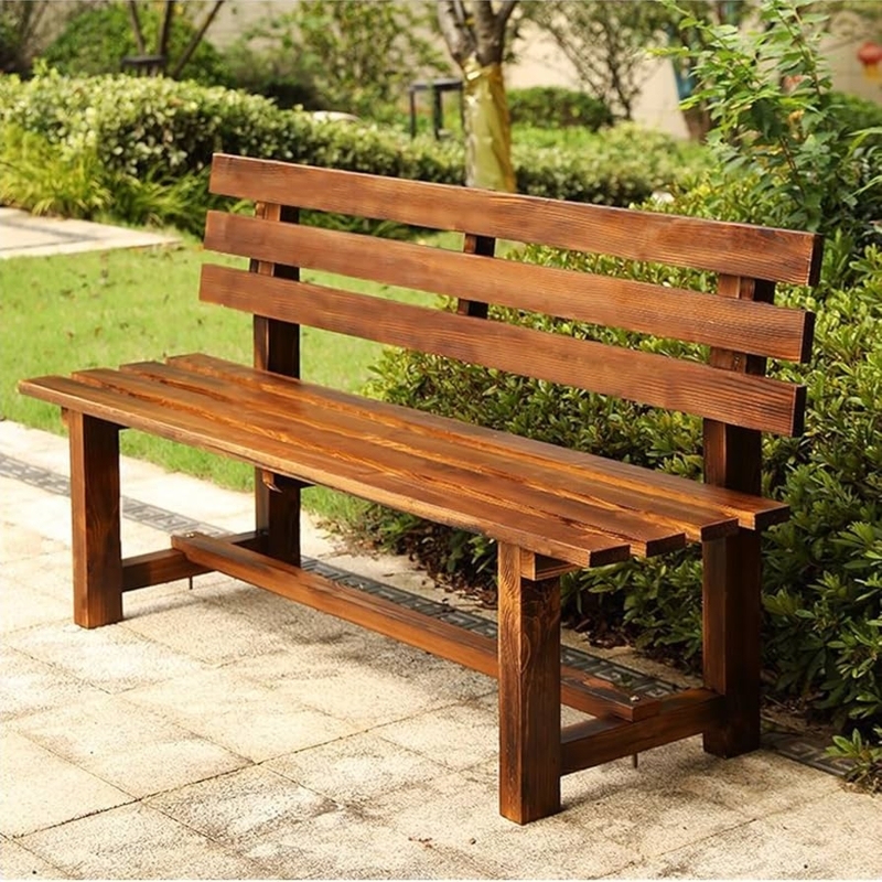 Outdoor Bench Minimalist Slats Honey Brown Finish Block Legs Patio