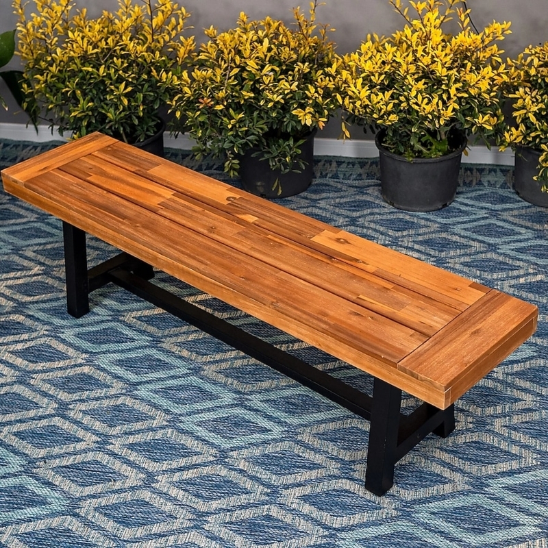 Outdoor Bench Modern Industrial Slatted Wood Top Black Metal Base
