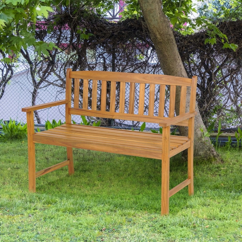 Outdoor Bench Natural Wood Slatted Design Classic Garden Seating