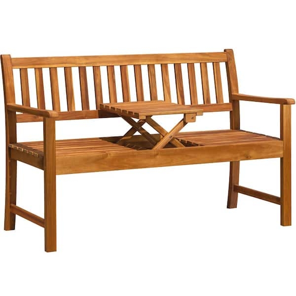 Outdoor Bench Pop Up Table Acacia Wood Slatted Back Integrated Table