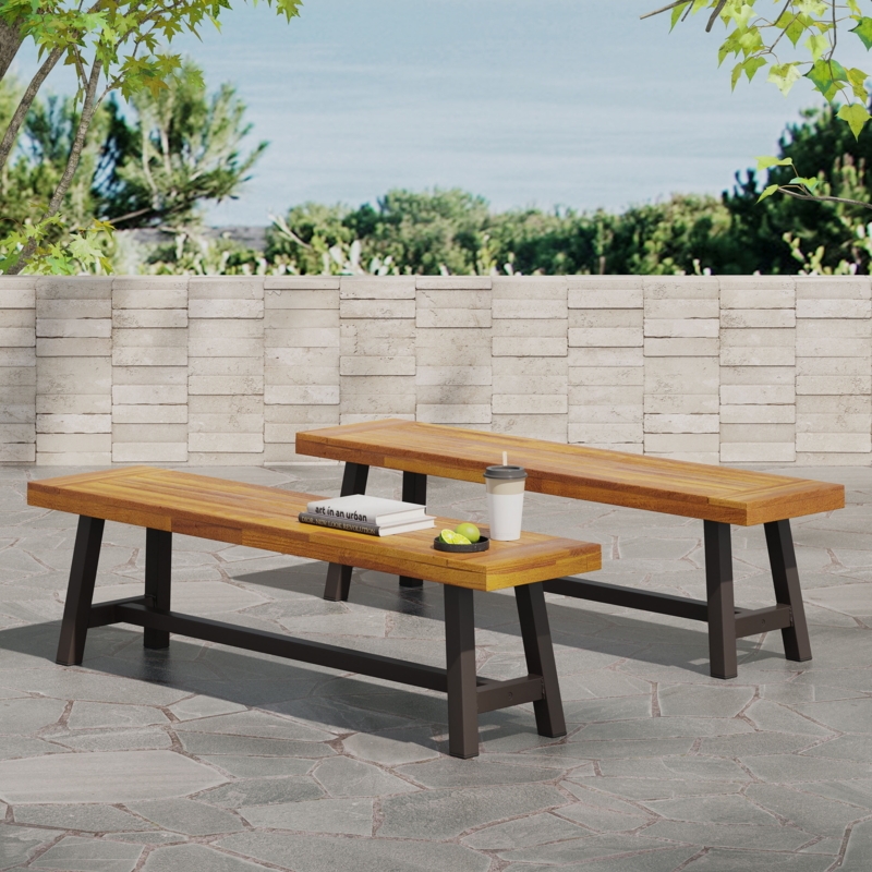 Outdoor Bench Set, Dark Metal Frames, Industrial Modern Slatted Seating