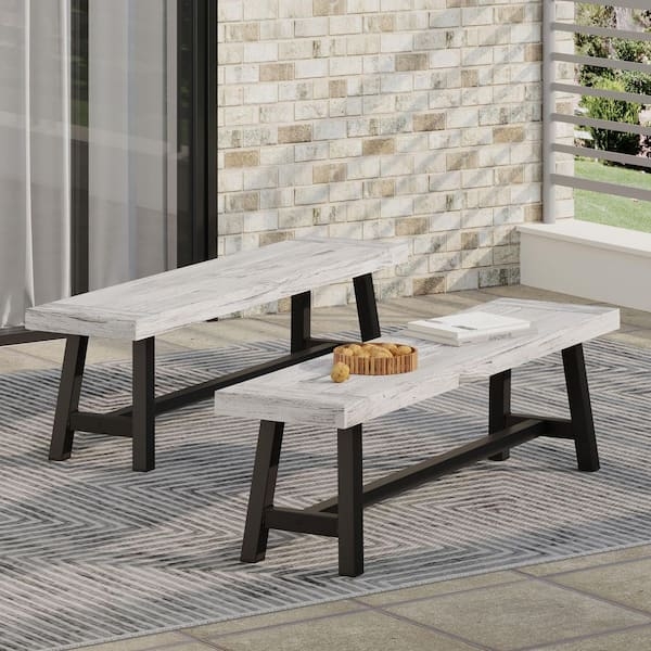 Outdoor Bench Set featuring Sandblasted Finish, Whitewashed Wood, A-Frame.