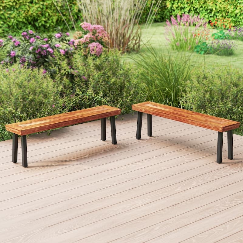Outdoor Bench Set Flared Legs Slatted Top Wood Toned Contemporary