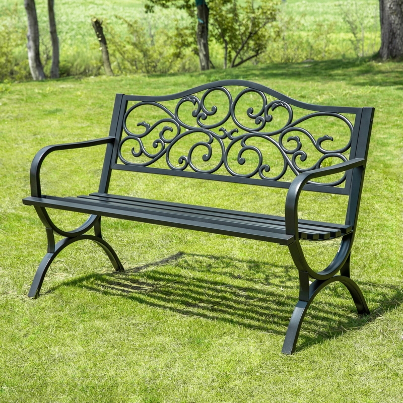 Outdoor Bench Slatted Back Curved Arms Metal for Patio Seating
