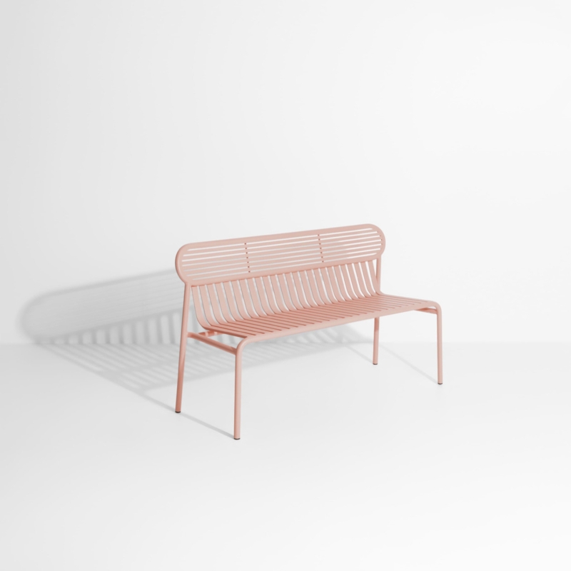 Outdoor Bench, Slatted Metal with Curved Silhouette in Blush Pink
