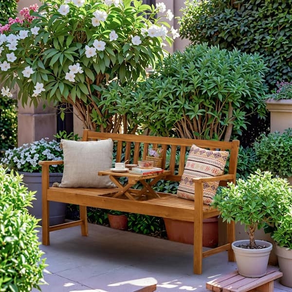 Outdoor Bench Slatted Wood Design Satin Finish Two Seater Garden