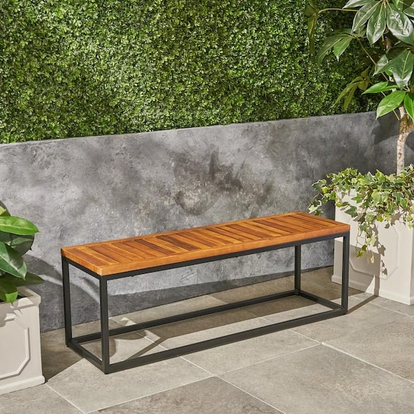 Outdoor Bench Teak Brown Wood Slats Metal Frame Minimalist Design