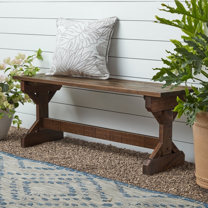 Outdoor Bench Trestle Base Dark Wood Tone, Rustic Wood Patio Bench Styling