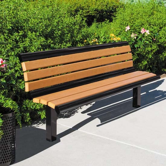 Outdoor Bench Tubular Frame Accents Wood Toned Slats Modern Park Bench
