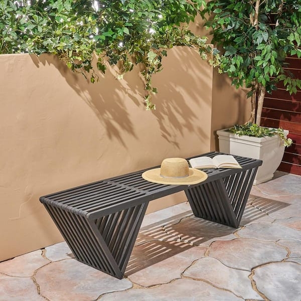 Outdoor Bench Weathered Grey Wood Horizontal Slat Back 63 Inch