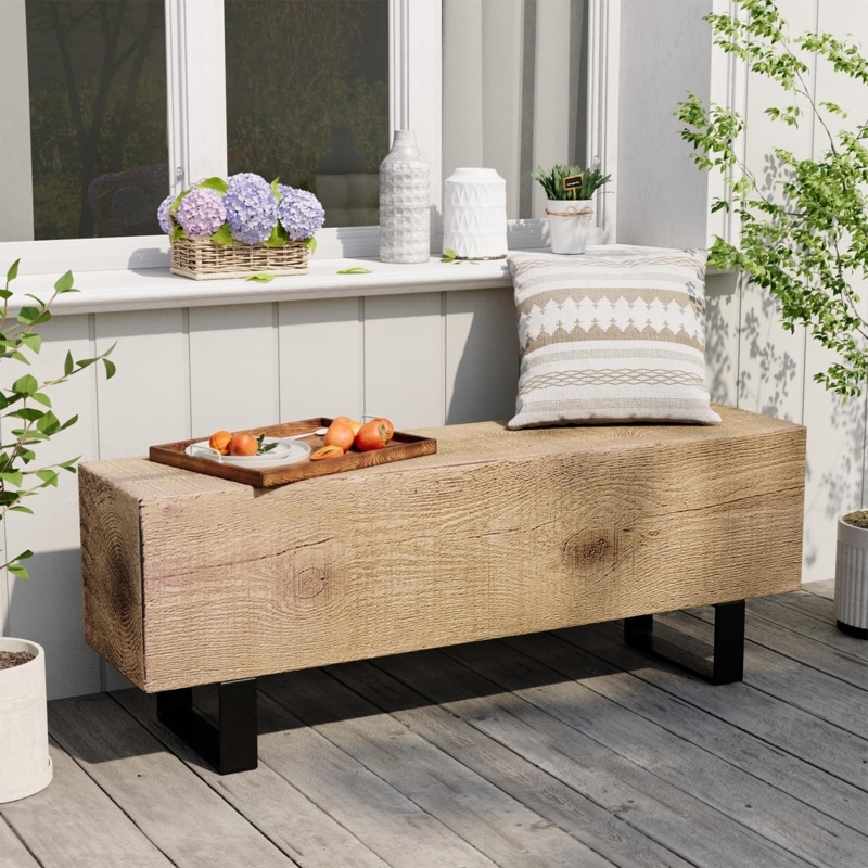 Outdoor Bench with Heavy Wood Grain Texture & Black Metal Legs