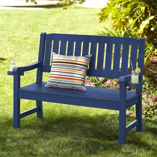 Outdoor Bench with Integrated Cup Holders & Navy Finish