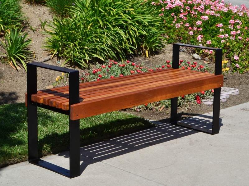 Outdoor Bench with Steel Armrests: Light Wood Contemporary Garden Seating
