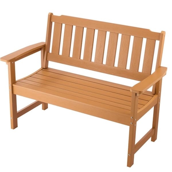 Outdoor Bench Wood Plastic Look Curved Arms Traditional Silhouette