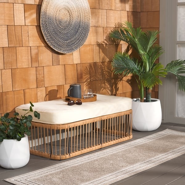 Outdoor Bench Woven Cord Base Slatted Silhouette Modern Bohemian Bench