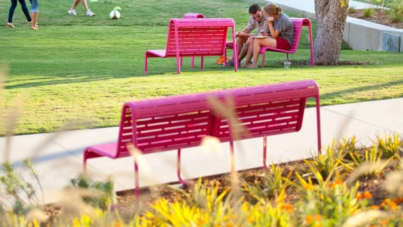 Outdoor Chair Stackable Slatted Metal Monochromatic Pink Industrial