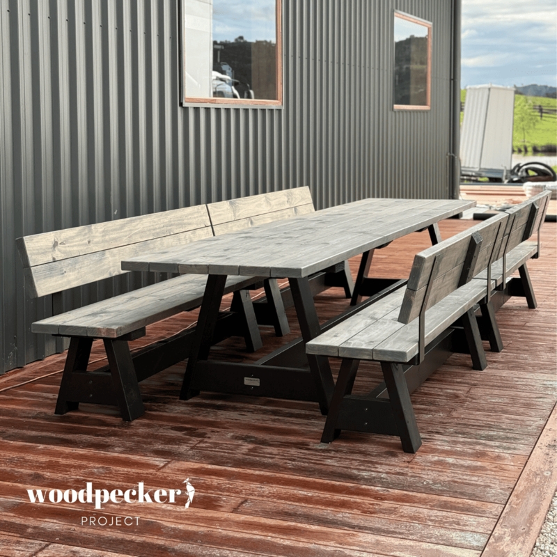 Outdoor Dining Bench with Backrest and Black A Frame Base