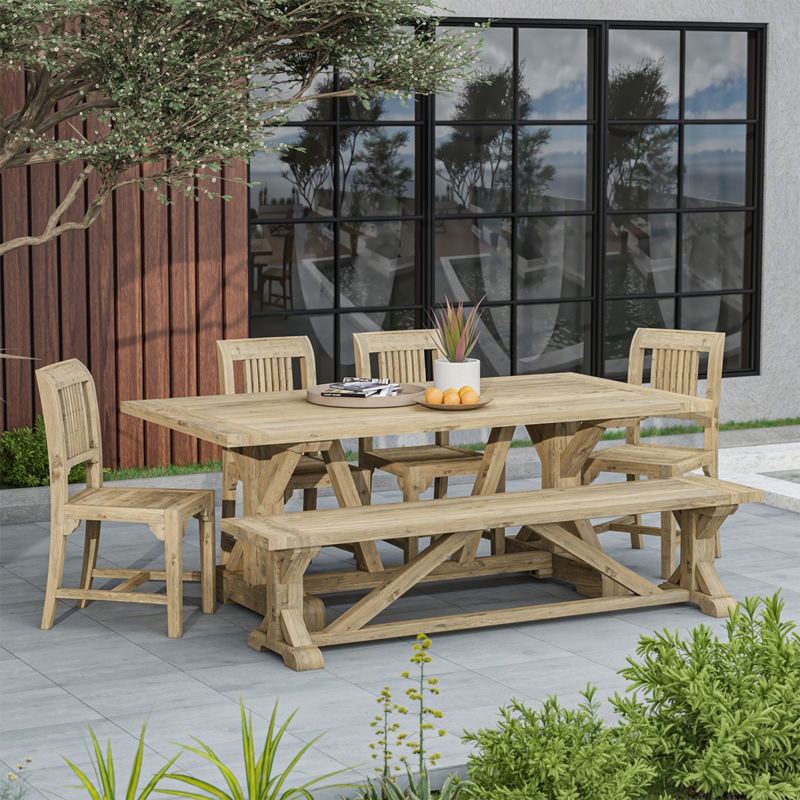Outdoor Dining Set Reclaimed Look Chunky Block Legs Mixed Seating