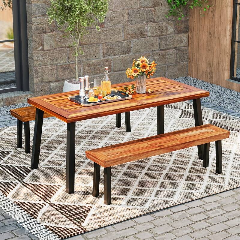 Outdoor Dining Set Slatted Wood Top Flared Black Legs Rustic