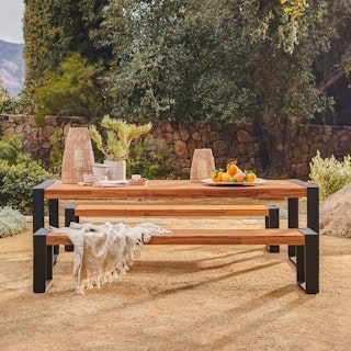 Outdoor Dining Set with U-Shaped Legs, Modern Industrial Slatted Wood