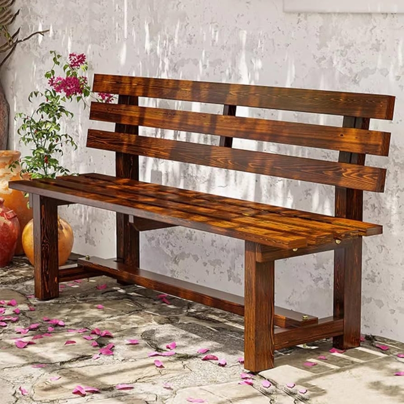 Outdoor Garden Bench with Slatted Back and Curved Armrests