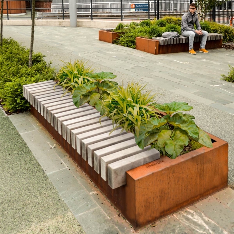 Outdoor Planter Bench Weathered Steel Stone Like Block Seating Industrial