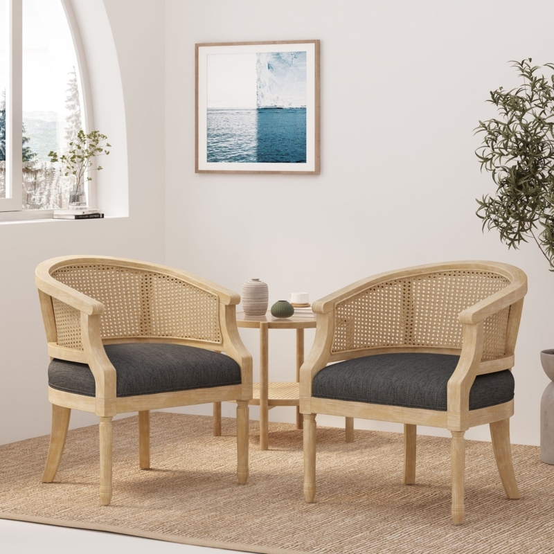 Oval Cane Back Accent Chairs with Fluted Legs, Set of Two
