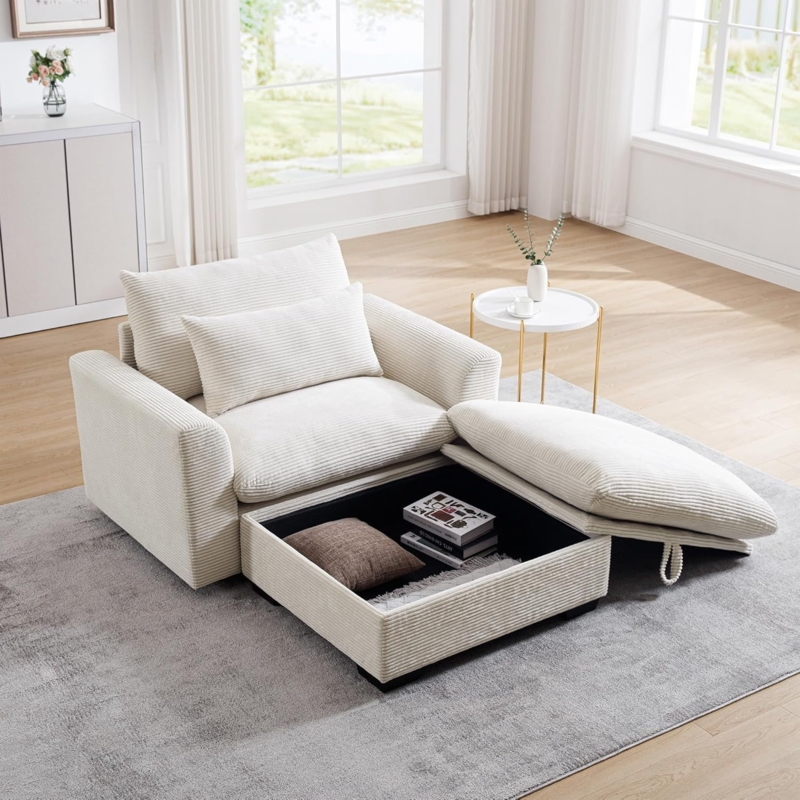 Oversized Accent Chair Square Arms Matching Ottoman Cream Corduroy