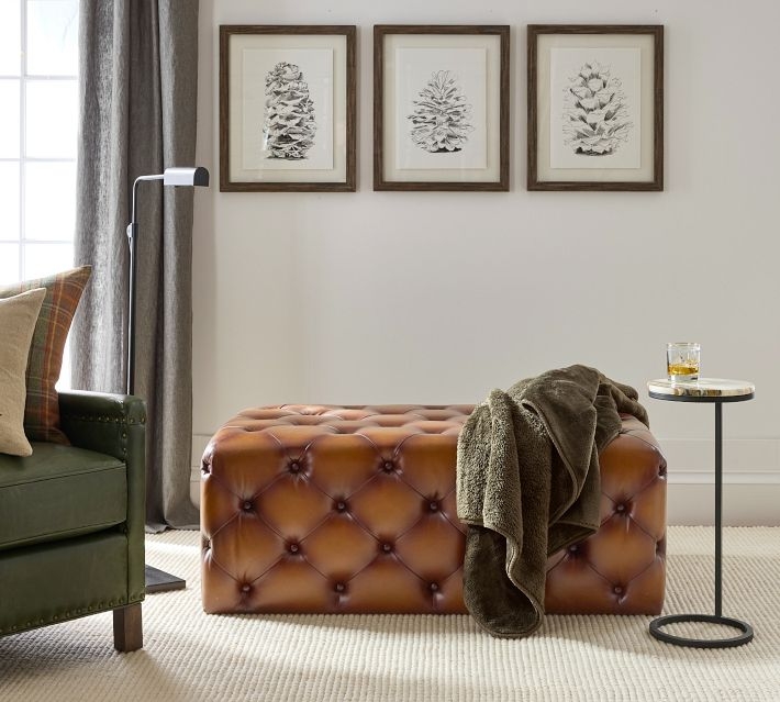 Oversized Rectangular Leather Ottoman Seat in Tobacco Brown