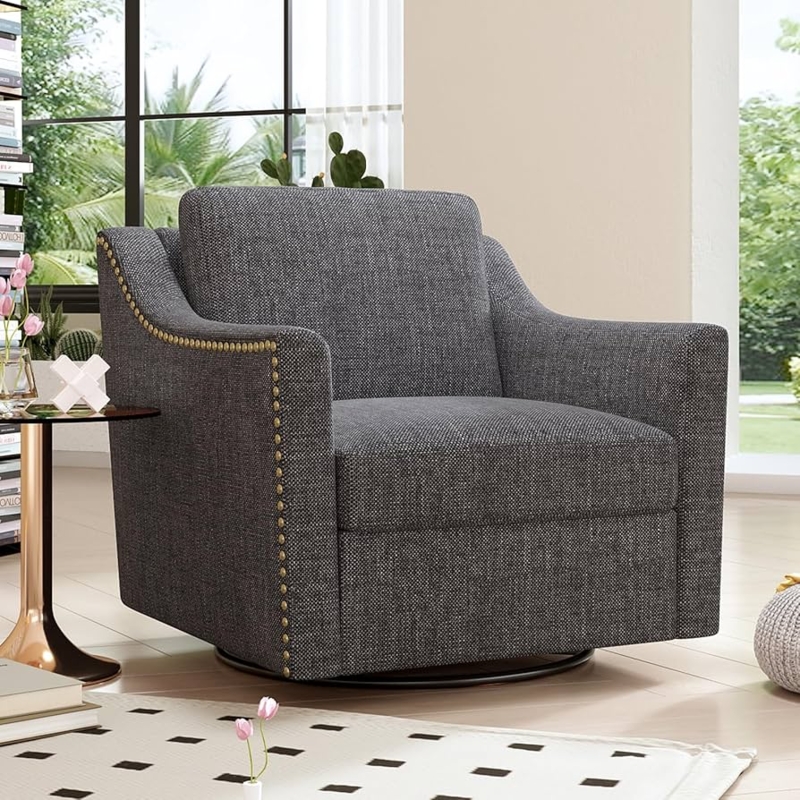Oversized Swivel Chair Nailhead Trim Charcoal Grey Barrel Silhouette