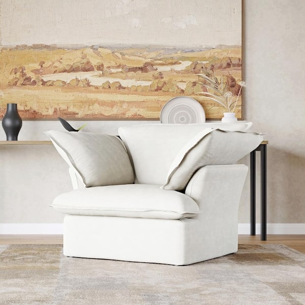 Overstuffed Armchair White Linen-Like Modular, Minimalist Lounge Seat.