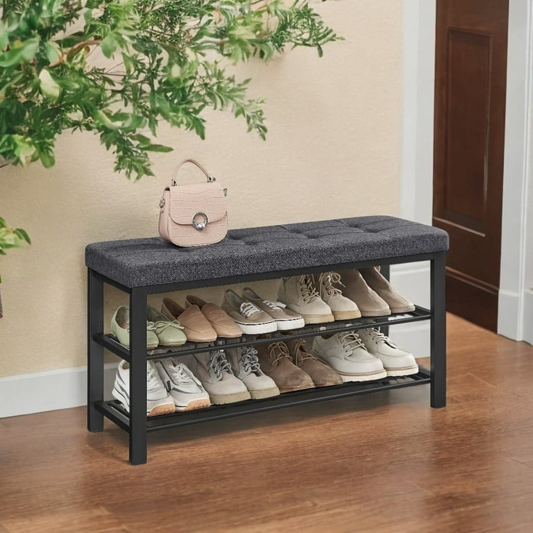 Padded Seat Shoe Storage Bench with Industrial Mesh Shelves