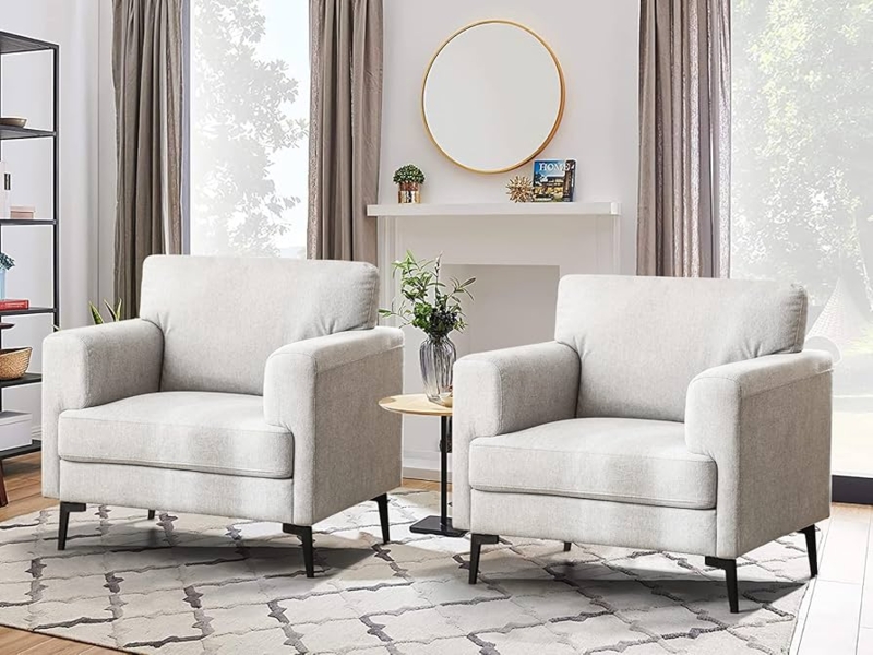 Pair of Mid-Century Button Tufted Accent Chairs, Light Gray Linen