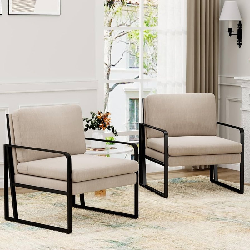 Pair of Modern Accent Chairs Light Gray Linen-like Fabric Metal