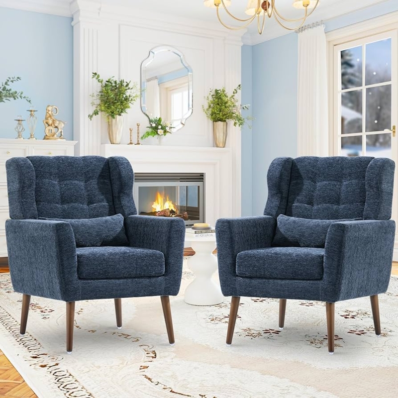 Pair of Navy Blue Accent Chairs Chenille Fabric with Lumbar Pillows